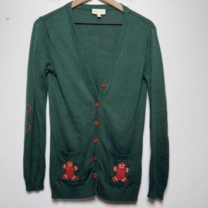 ModCloth Women Cotton Cardigan XS Green Gingerbread Man Christmas Pockets V-Neck
